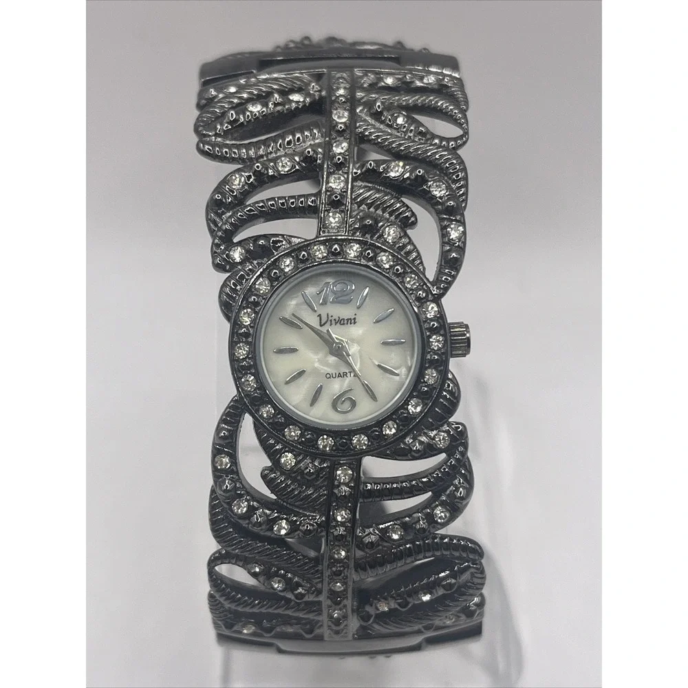 Vivani MOP Dial Silver Tone Hinge Bangle Bracelet Band Watch- New Battery